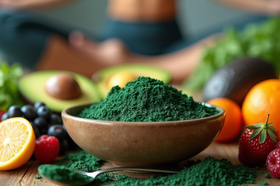 Ciotola di polvere di alga spirulina verde, circondata da frutta e verdura fresca, simbolo di una dieta sana per dimagrire.